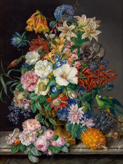 Composition florale avec ananas, raisins et perroquet - Franz Xaver Petter