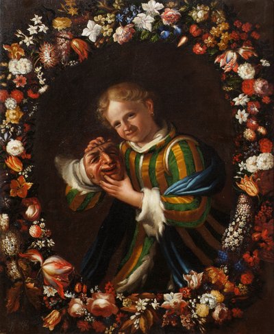 Enfant avec masque dans une couronne de fleurs - Franz von Margety