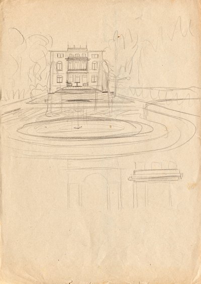 Esquisses de projet pour la villa atelier de Matsch - Vue du jardin avec fontaine - Franz von Matsch