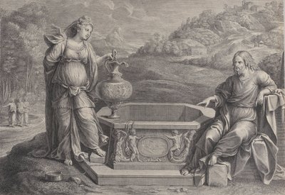 Christ, assis à droite, et la femme de Samarie, debout à gauche, vers 1729 - Frédéric Horthemels