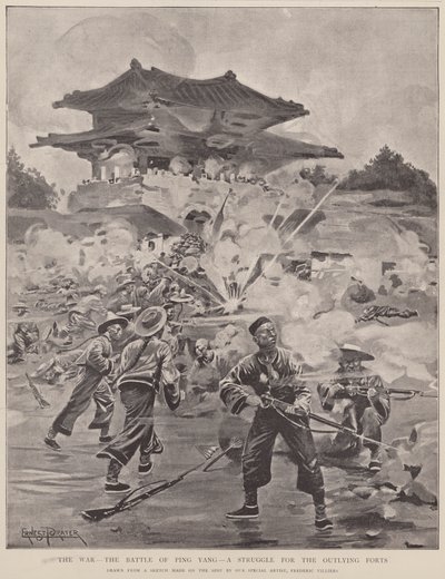 La guerre, la bataille de Ping Yang, une lutte pour les forts périphériques (litho) - Frederic (after) Villiers