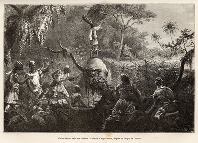Abd es Samate, ami et lieutenant de Mounza, roi des Mombuttous, défiant ses ennemis les Zandes (ou niam niam) qui leur ont déclaré la guerre, gravure d