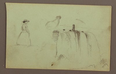 Une fille marchant, un poulet accroupi et les chutes américaines sur la rivière Niagara - Frederic Edwin Church