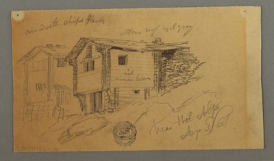 Détails des cabanes de montagne, maisons et un rocher, Alpes bernoises, Suisse - Frederic Edwin Church