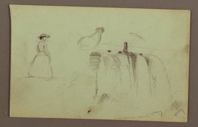 Dessin, Une jeune fille qui marche, un poulet accroupi et les chutes américaines sur la rivière Niagara, peut-être 1856 - Frederic Edwin Church
