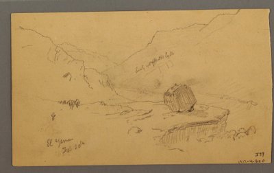 Dessin, baie avec des maisons, montagnes derrière, janvier 1868 - Frederic Edwin Church