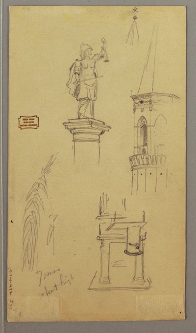 Dessin, église, bâtiment, pont couvert, peut-être 1868-69 - Frederic Edwin Church
