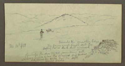 Dessin, tas de pierres, plaine et montagnes, Soleil, 19 février 1868 - Frederic Edwin Church