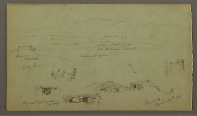 Dessin, chaîne de collines à travers la plaine, ruines, 28 avril 1868 - Frederic Edwin Church