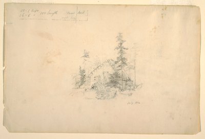 Dessin, cabane en rondins entourée d