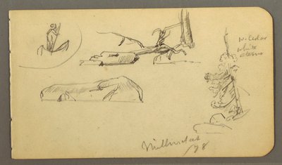 Dessin, Homme en bateau, rochers, tronc d