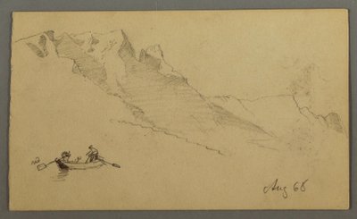 Dessin, Pics montagneux, deux personnages dans une barque, août 1868 - Frederic Edwin Church