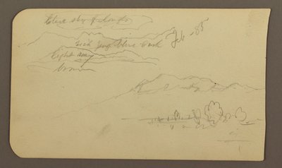 Dessin, chaînes de montagnes, Cuautla, église ; verso : cheval accroupi, notes sur le paysage, février 1885 - Frederic Edwin Church