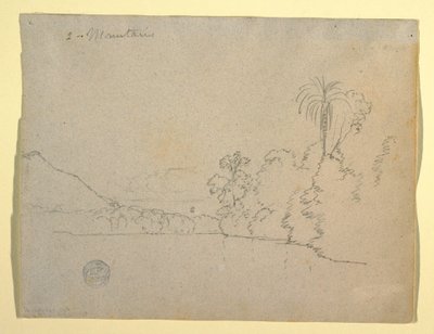 Dessin, rive montagneuse d