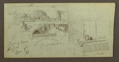 Dessin, toits surplombant la mer, porte d