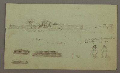 Dessin, ruines entourées de murs, tentes, études de deux figures, 28 avril 1868 - Frederic Edwin Church