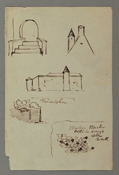 Dessin, escalier, toit avec tour, mur en pierre, peut-être 1869 - Frederic Edwin Church