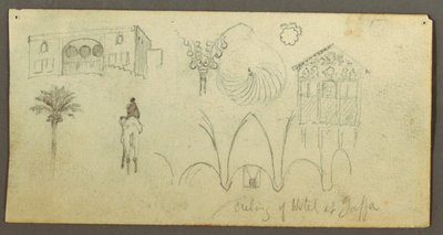 Dessin, maison seigneuriale, personnage montant un chameau, études architecturales, palmier, peut-être 1868 - Frederic Edwin Church