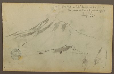Dessin, lever de soleil sur le mont Chimborazo et trois détails de l