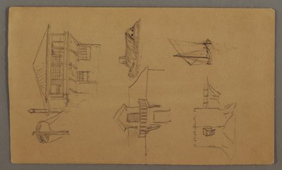 Dessin, maison en bois, deux voiliers, études de toit, peut-être 1868 - Frederic Edwin Church