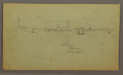 Dessin, ville sur la côte, chaîne de montagnes derrière, 27 mai 1868 - Frederic Edwin Church