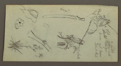 Dessin, deux personnages chevauchant des chevaux, portant des lances, une épée, la partie inférieure d