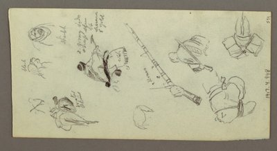 Dessin, deux personnages chevauchant des chevaux, portant des lances, une épée, la partie inférieure d