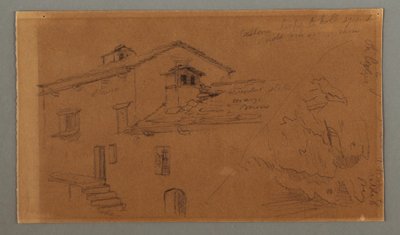 Dessin, deux maisons, rocher, peut-être 1868 - Frederic Edwin Church