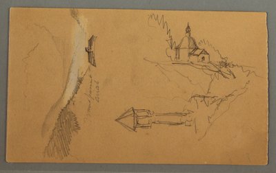 Dessin, vallée, tour, église, peut-être 1868 - Frederic Edwin Church