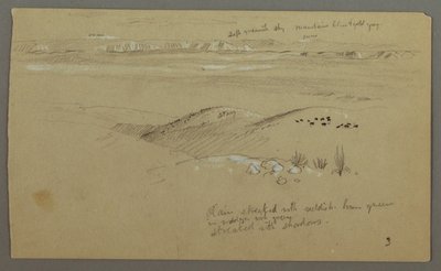 Dessin, vue sur les collines et la plaine en direction des montagnes, vallée d