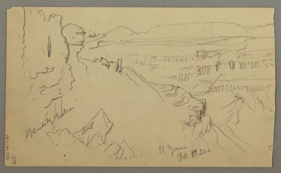 Dessin, vue sur les collines et la plaine en direction des montagnes, vallée d
