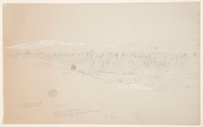 Dessin, village de Kuseiyeh, Mont-Liban au loin, mai 1868 - Frederic Edwin Church