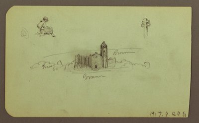 Dessin, collines, église, pont ; Verso : personnage, croix, église, 1883 - Frederic Edwin Church