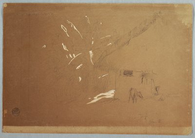 Femme assise et âne broutant devant une maison près de Jorje, Équateur - Frederic Edwin Church