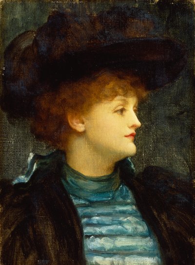 Portrait de femme en robe turquoise avec manteau et chapeau noirs - Frederic Leighton