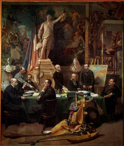 Les Délégués des Colonies en novembre 1892 De gauche à droite : Chesse (Tahiti), Mager (Diego Suarez), Dussac (Nossy-Be), de Faymoreau (Mayotte), Jules Ferry (Annam et Tonkin), Soller (Guinée française), Cudenet (Nouvelle-Calédonie). Peinture de Frédéric R - Frederic Regamey