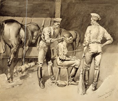 Une coupe de cheveux dans une écurie de cavalerie, c.1893 - Frederic Remington