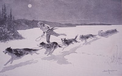 Trappeur français au Canada avec des chiens Huskie sur un lac gelé - Frederic Remington