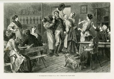 Un hirtztag, une sorte de carnaval où tout est permis pour les femmes, dans le Sundgau. Gravure pour illustrer l