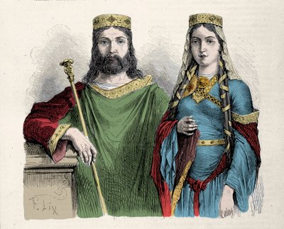 Clovis (481-511) roi des Francs avec sa seconde épouse Sainte Clotilde (Clothilde) reine. Gravure par Lix - Frederic Theodore Lix