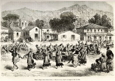 Danse folklorique sur la place du village Haggia Anna (Sainte-Anne). Gravure d