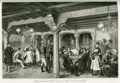 Intérieur de la taverne Tiefenkeller à Strasbourg. Gravure pour illustrer l