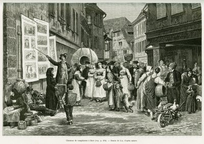 Chanteur de lamentations dans les rues de Barr. Gravure pour illustrer l