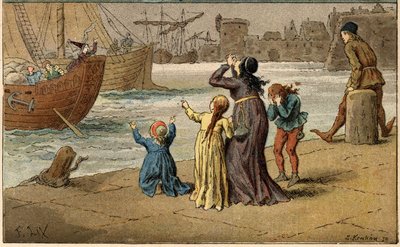 Chanson populaire : « À Nantes est arrivé ». Les enfants pleurent leur mère, emportée par un marin. Illustration (détail) de Frédéric Théodore Lix (1830-1897) dans « Chansons et rondes enfantines des provinces de la France ». - Frederic Theodore Lix