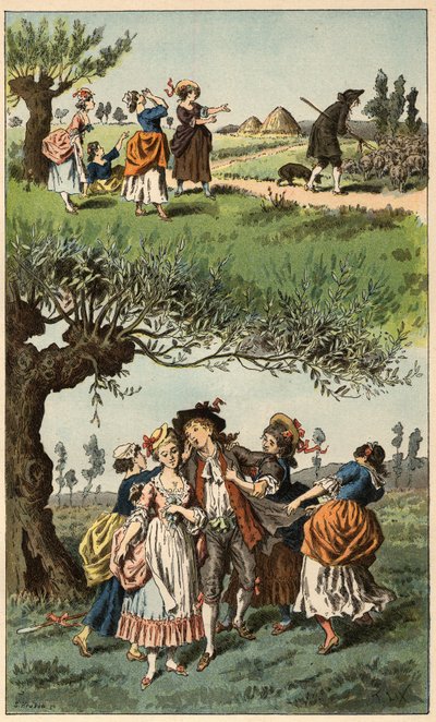 Chanson populaire : « Nous étions trois filles ». Illustration par Frédéric Théodore Lix (1830-1897) dans « Chansons et rondes enfantines des provinces de la France » - Frederic Theodore Lix