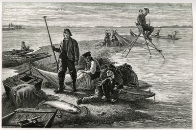 Pêche au saumon. Gravure par F.Lix, pour illustrer le récit « À travers l
