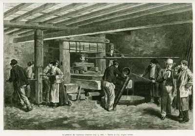 Le pressoir des vignerons alsaciens. Gravure par Lix, pour illustrer l