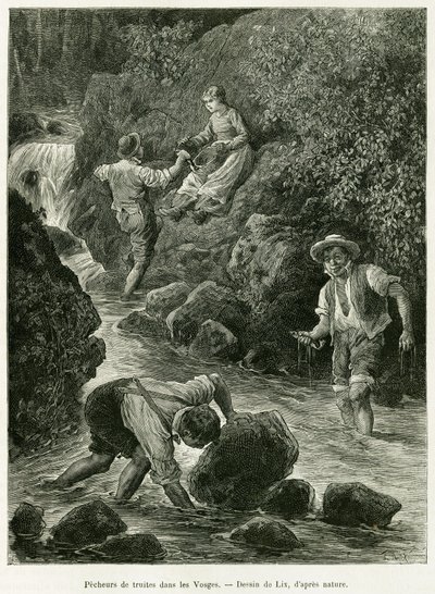 Pêcheurs de truites dans les Vosges. Gravure pour illustrer l