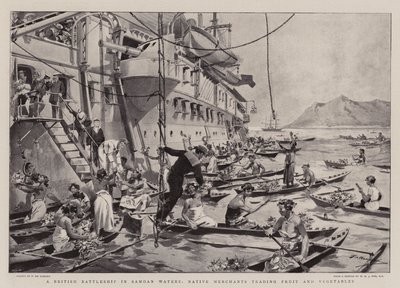 Un cuirassé britannique dans les eaux samoanes, marchands indigènes échangeant des fruits et légumes - Frederic de Haenen