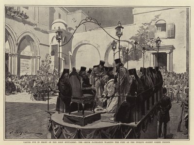 Veille de Pâques devant le Saint-Sépulcre, le patriarche grec lavant les pieds des douze plus anciens prêtres grecs - Frederic de Haenen